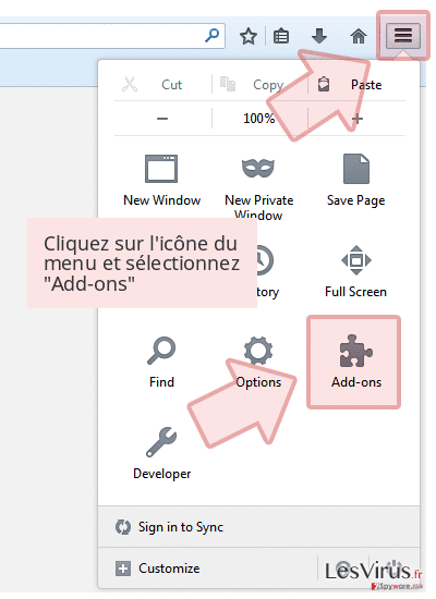 Cliquez sur l'icône du menu et sélectionnez 'Add-ons' Cliquez sur l'icône du menu et sélectionnez 'Add-ons'