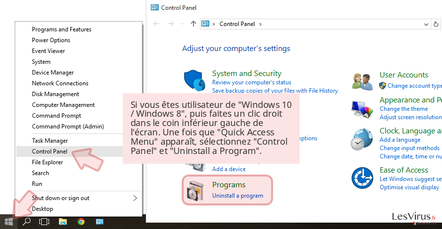 Si vous êtes utilisateur de 'Windows 10 / Windows 8', puis faites un clic droit dans le coin inférieur gauche de l'écran. Une fois que 'Quick Access Menu' apparaît, sélectionnez 'Control Panel' et 'Uninstall a Program'. Si vous êtes utilisateur de 'Windows 10 / Windows 8', puis faites un clic droit dans le coin inférieur gauche de l'écran. Une fois que 'Quick Access Menu' apparaît, sélectionnez 'Control Panel' et 'Uninstall a Program'.