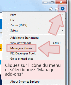 Cliquez sur l'icône du menu et sélectionnez 'Manage add-ons' Cliquez sur l'icône du menu et sélectionnez 'Manage add-ons'