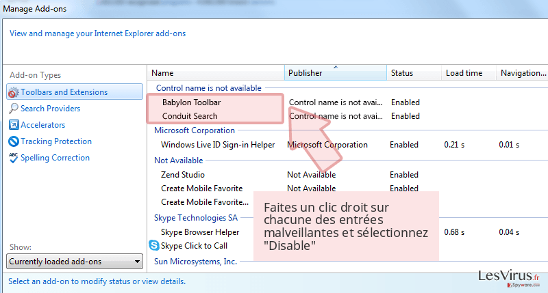 Faites un clic droit sur chacune des entrées malveillantes et sélectionnez 'Disable' Faites un clic droit sur chacune des entrées malveillantes et sélectionnez 'Disable'