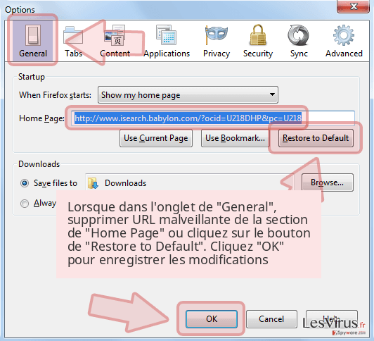 Lorsque dans l'onglet de 'General', supprimer URL malveillante de la section de 'Home Page' ou cliquez sur le bouton de 'Restore to Default'. Cliquez 'OK' pour enregistrer les modifications Lorsque dans l'onglet de 'General', supprimer URL malveillante de la section de 'Home Page' ou cliquez sur le bouton de 'Restore to Default'. Cliquez 'OK' pour enregistrer les modifications