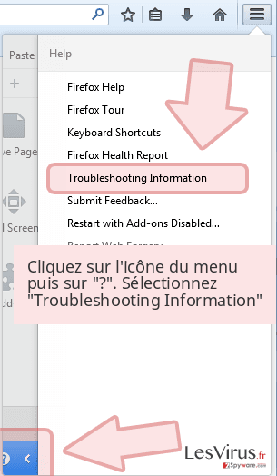 Cliquez sur l'icône du menu puis sur '?'. Sélectionnez 'Troubleshooting Information' Cliquez sur l'icône du menu puis sur '?'. Sélectionnez 'Troubleshooting Information'