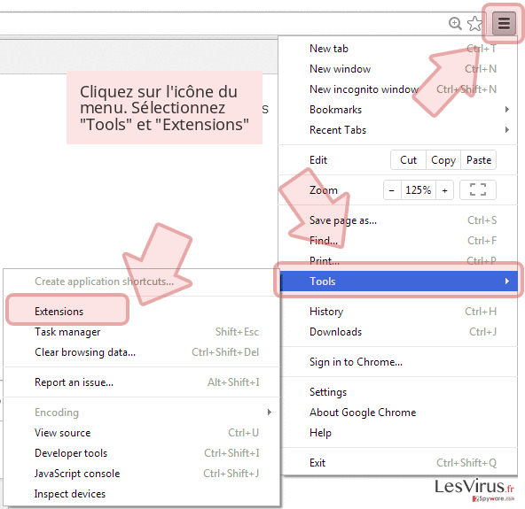 Cliquez sur l'icône du menu. Sélectionnez 'Tools' et 'Extensions' Cliquez sur l'icône du menu. Sélectionnez 'Tools' et 'Extensions'