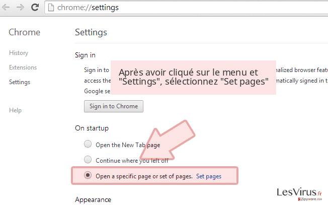 Après avoir cliqué sur le menu et 'Settings', sélectionnez 'Set pages' Après avoir cliqué sur le menu et 'Settings', sélectionnez 'Set pages'