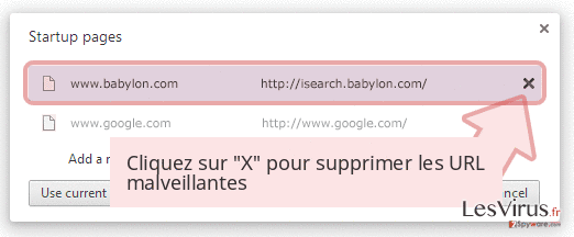 Cliquez sur 'X' pour supprimer les URL malveillantes Cliquez sur 'X' pour supprimer les URL malveillantes