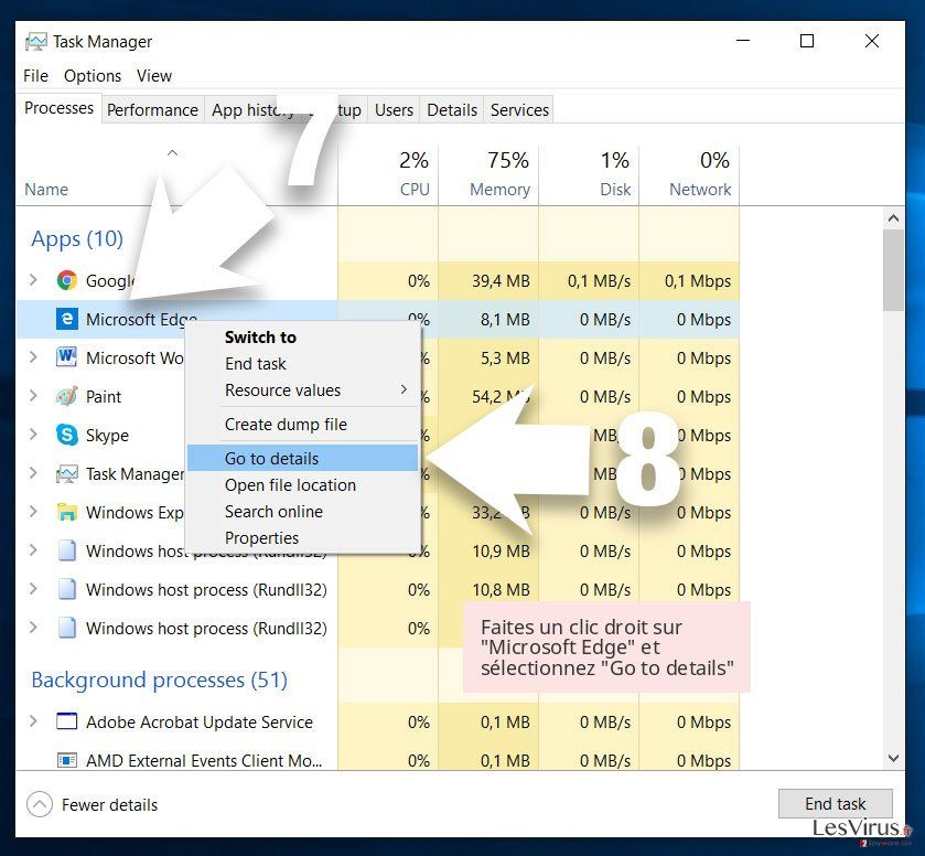 Faites un clic droit sur 'Microsoft Edge' et sélectionnez 'Go to details' Faites un clic droit sur 'Microsoft Edge' et sélectionnez 'Go to details'