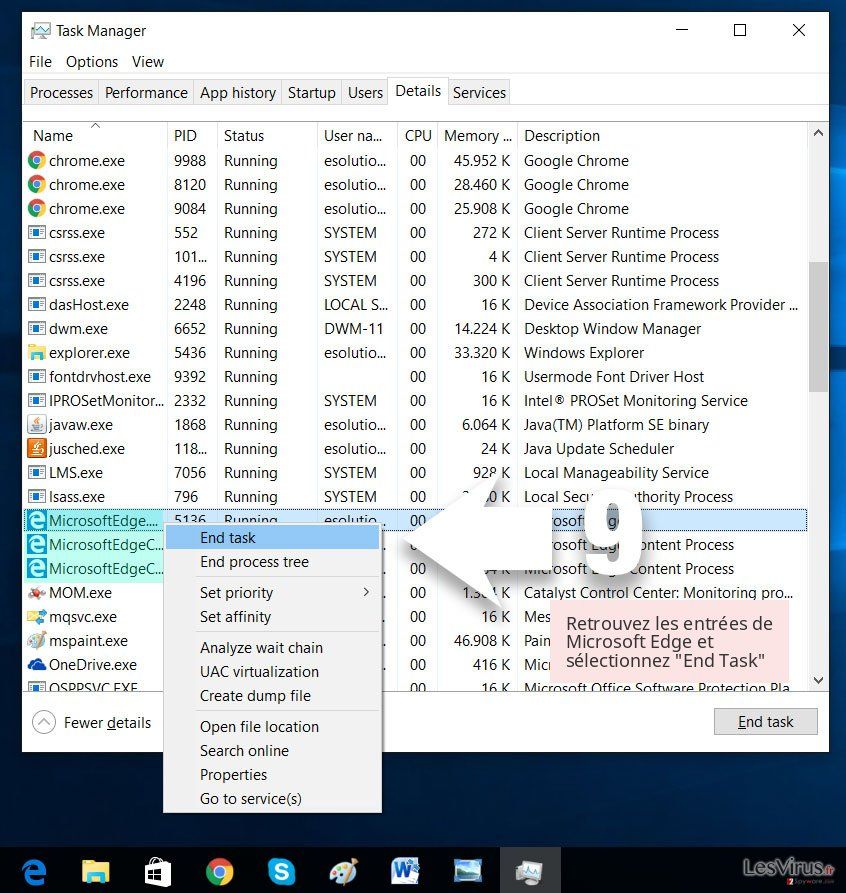 Retrouvez les entrées de Microsoft Edge et sélectionnez 'End Task' Retrouvez les entrées de Microsoft Edge et sélectionnez 'End Task'
