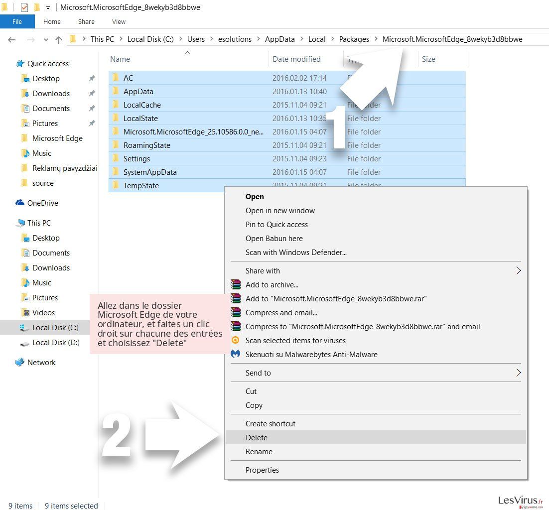 Allez dans le dossier Microsoft Edge de votre ordinateur, et faites un clic droit sur chacune des entrées et choisissez 'Delete' Allez dans le dossier Microsoft Edge de votre ordinateur, et faites un clic droit sur chacune des entrées et choisissez 'Delete'