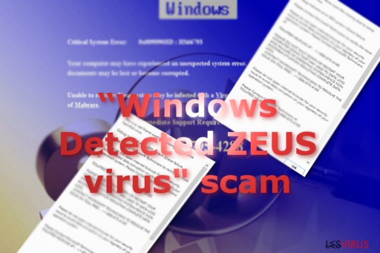 Une image représentant les messages du Scam "Windows Detected ZEUS" / "Windows a détecté Zeus"